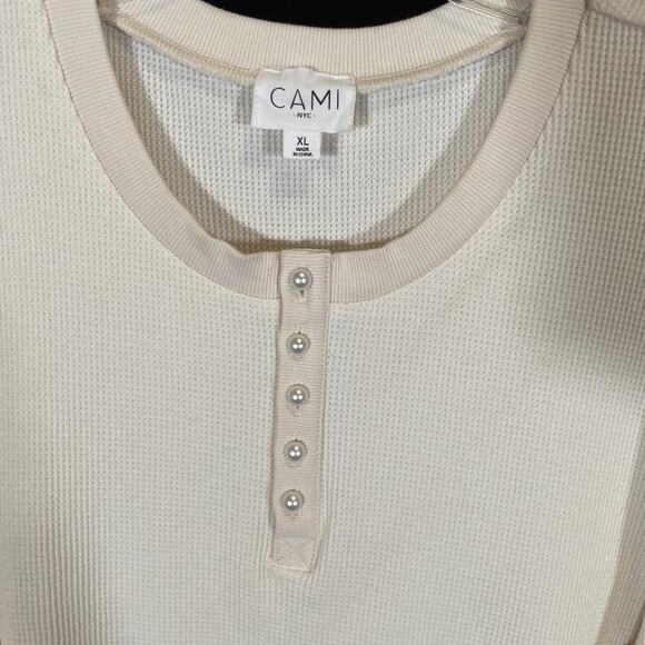 Cami NYC Revolve Leilani Puff Sleeve Top Pearl Buttons Ivory Cream Henley XL - Picture 4 of 6